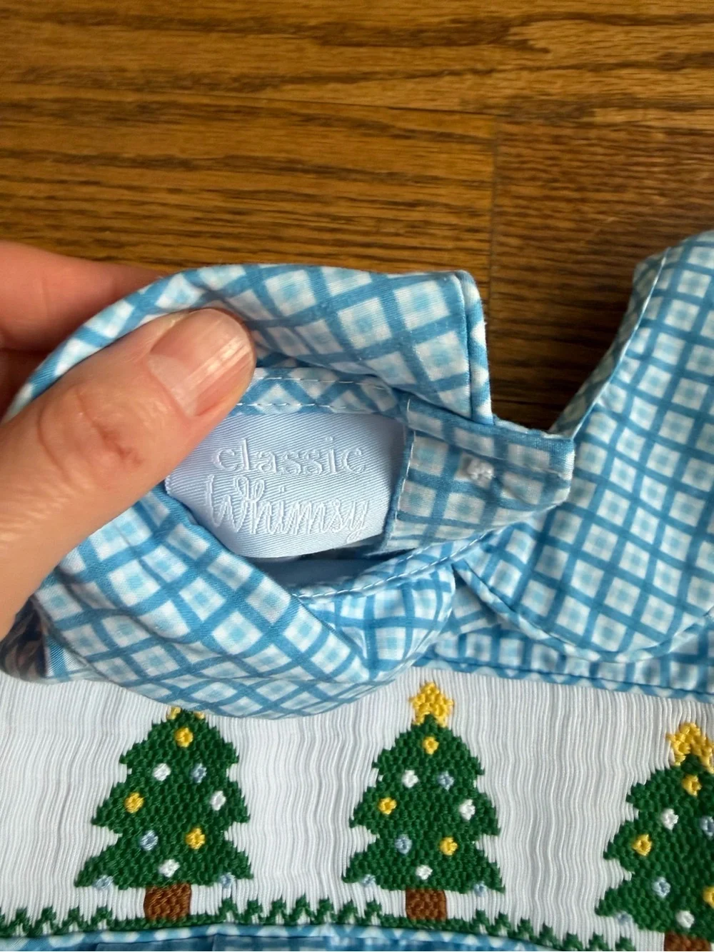 Blue Gingham Smocked Baby One-Piece with Green Tree Motif